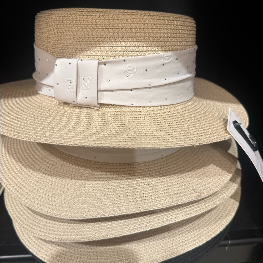 Elegant Tan Straw Hat with White Band